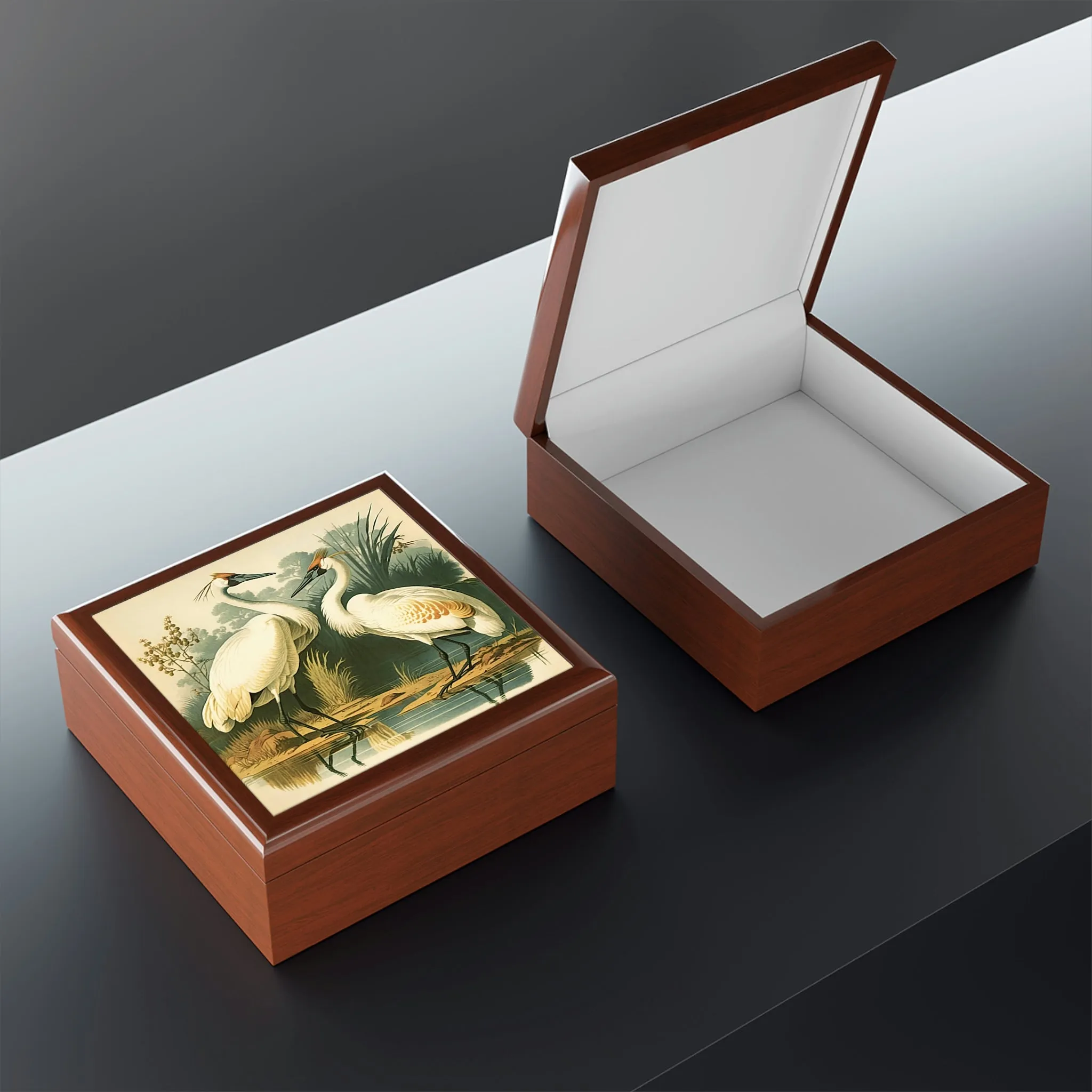 Vintage Cranes Wooden Keepsake Jewelry Box