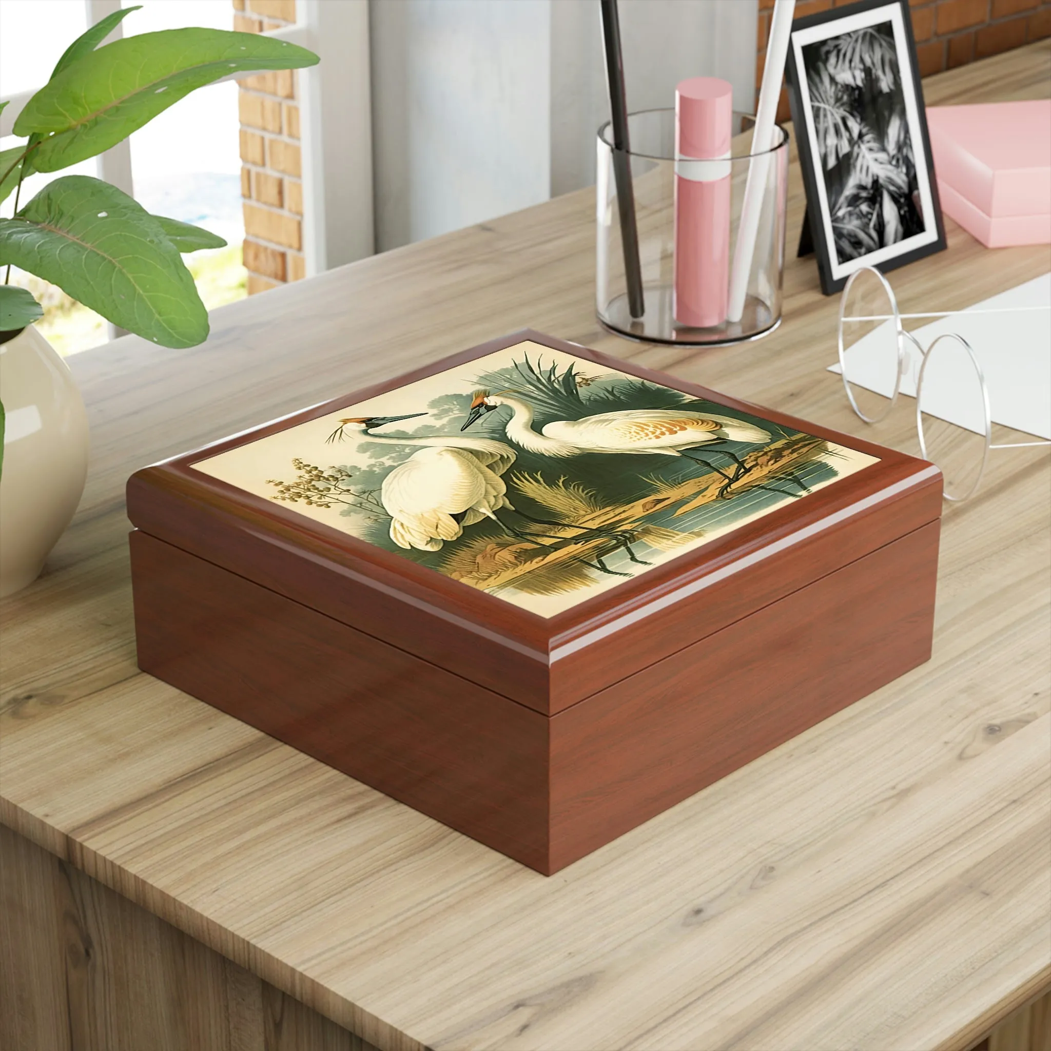 Vintage Cranes Wooden Keepsake Jewelry Box