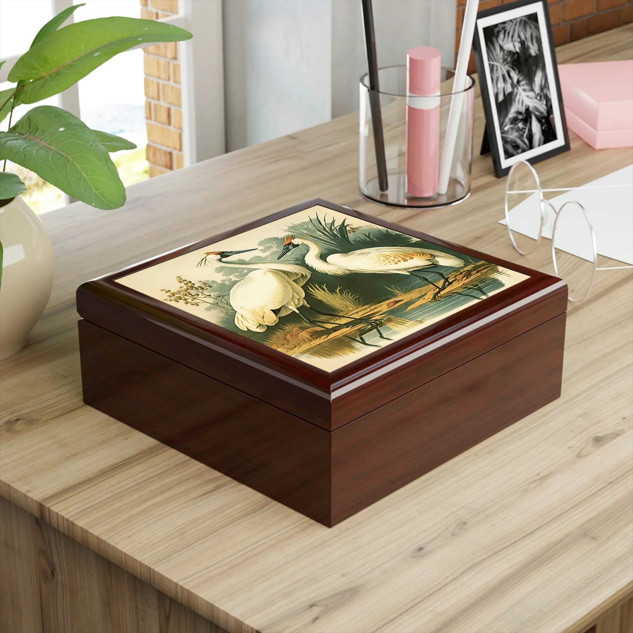 Vintage Cranes Wooden Keepsake Jewelry Box