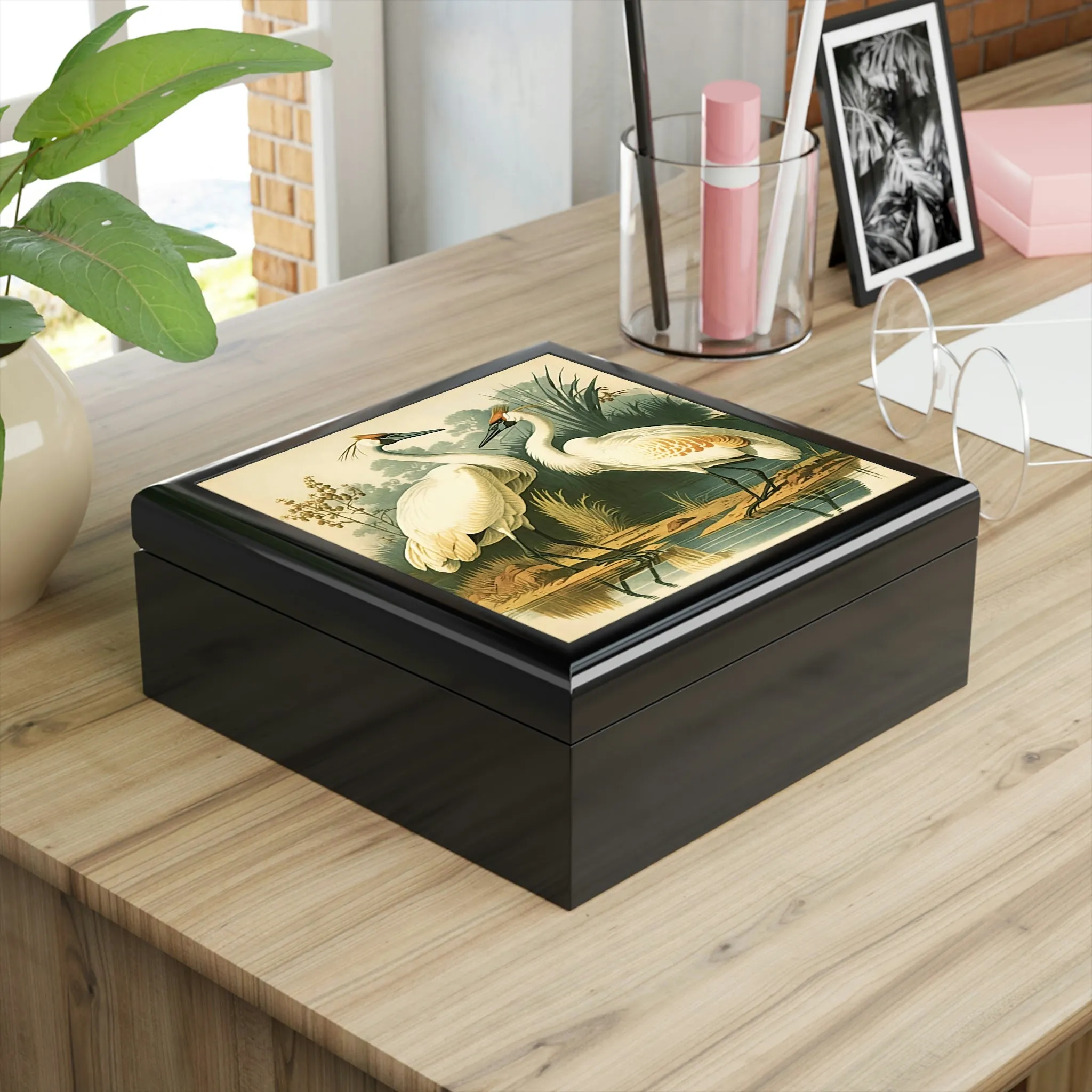 Vintage Cranes Wooden Keepsake Jewelry Box