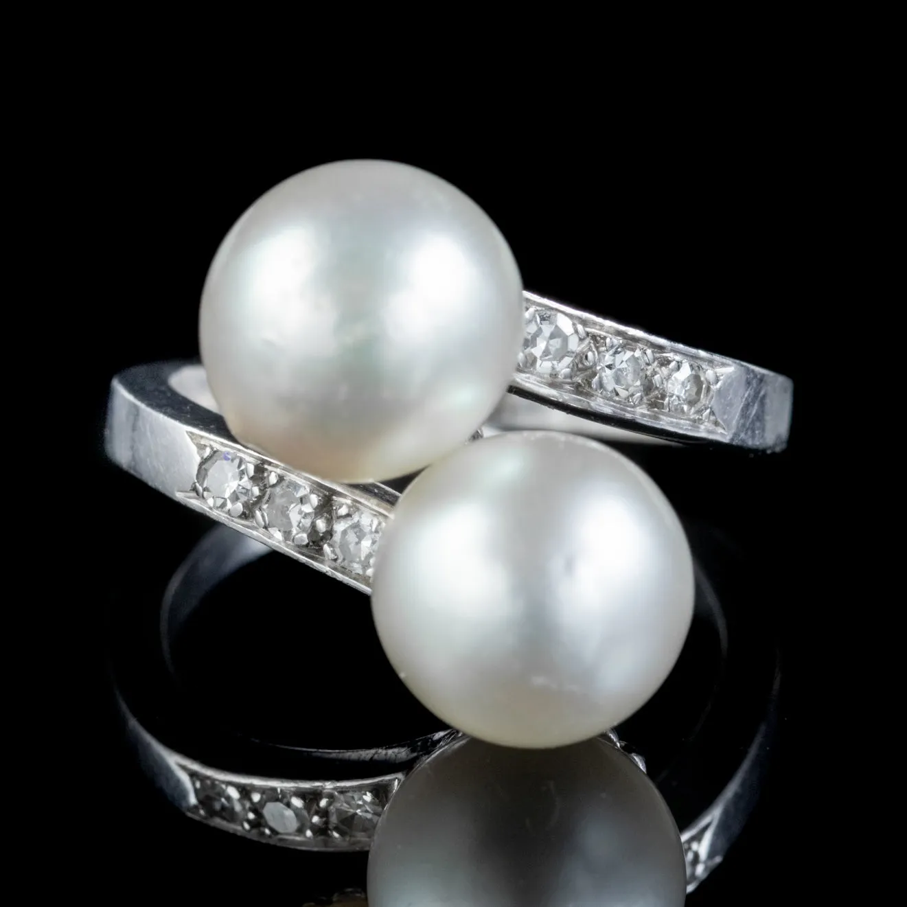Vintage French Pearl Diamond Twist Ring 18Ct White Gold
