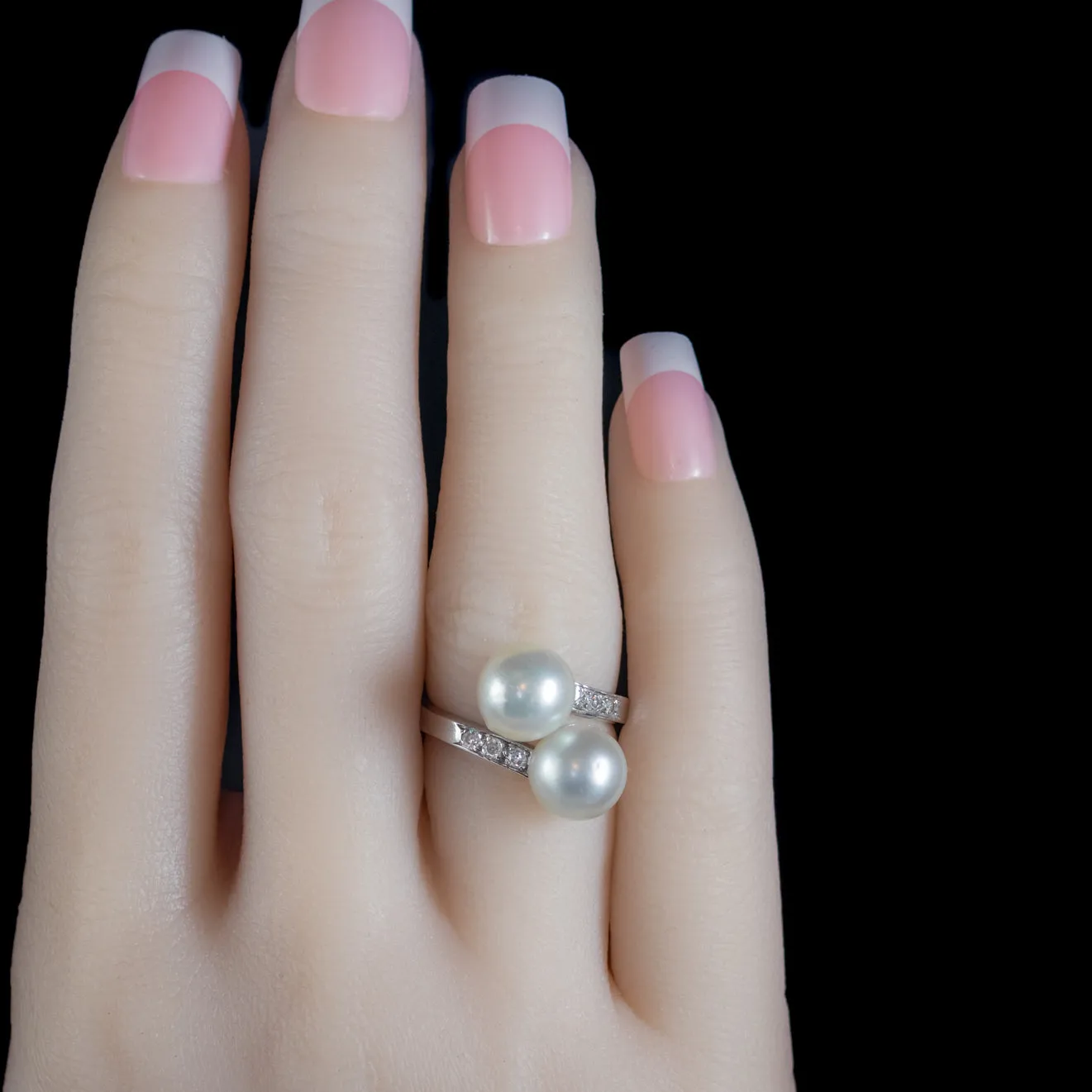 Vintage French Pearl Diamond Twist Ring 18Ct White Gold