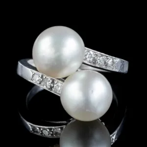 Vintage French Pearl Diamond Twist Ring 18Ct White Gold