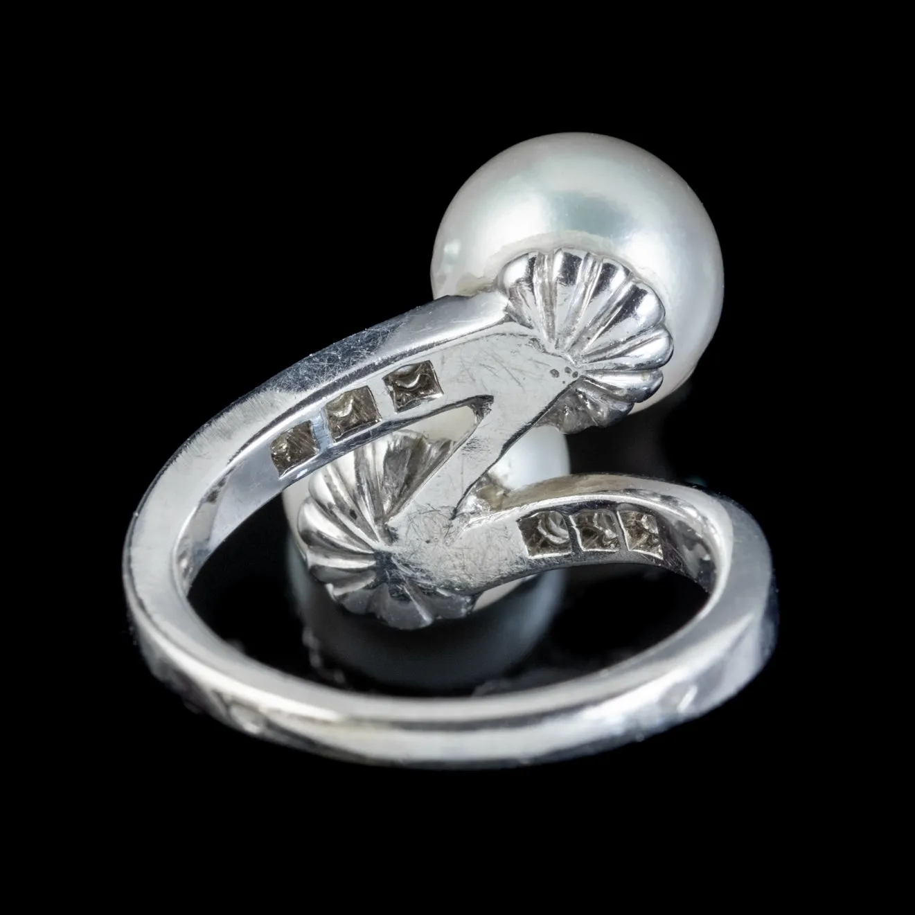 Vintage French Pearl Diamond Twist Ring 18Ct White Gold