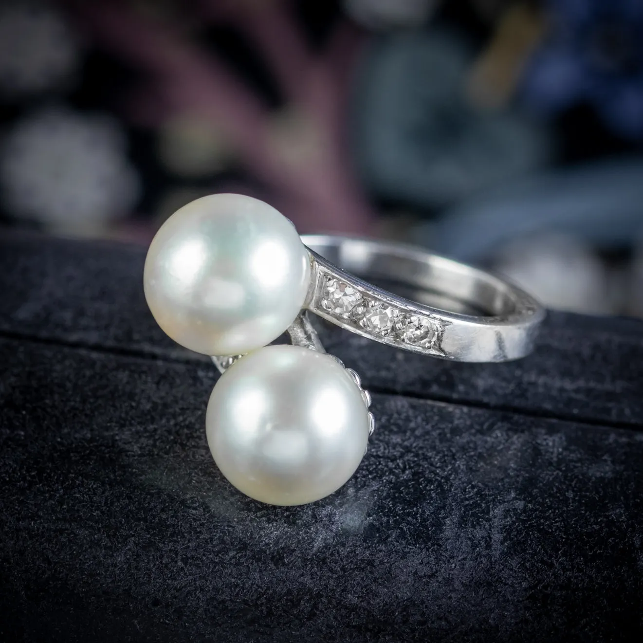 Vintage French Pearl Diamond Twist Ring 18Ct White Gold