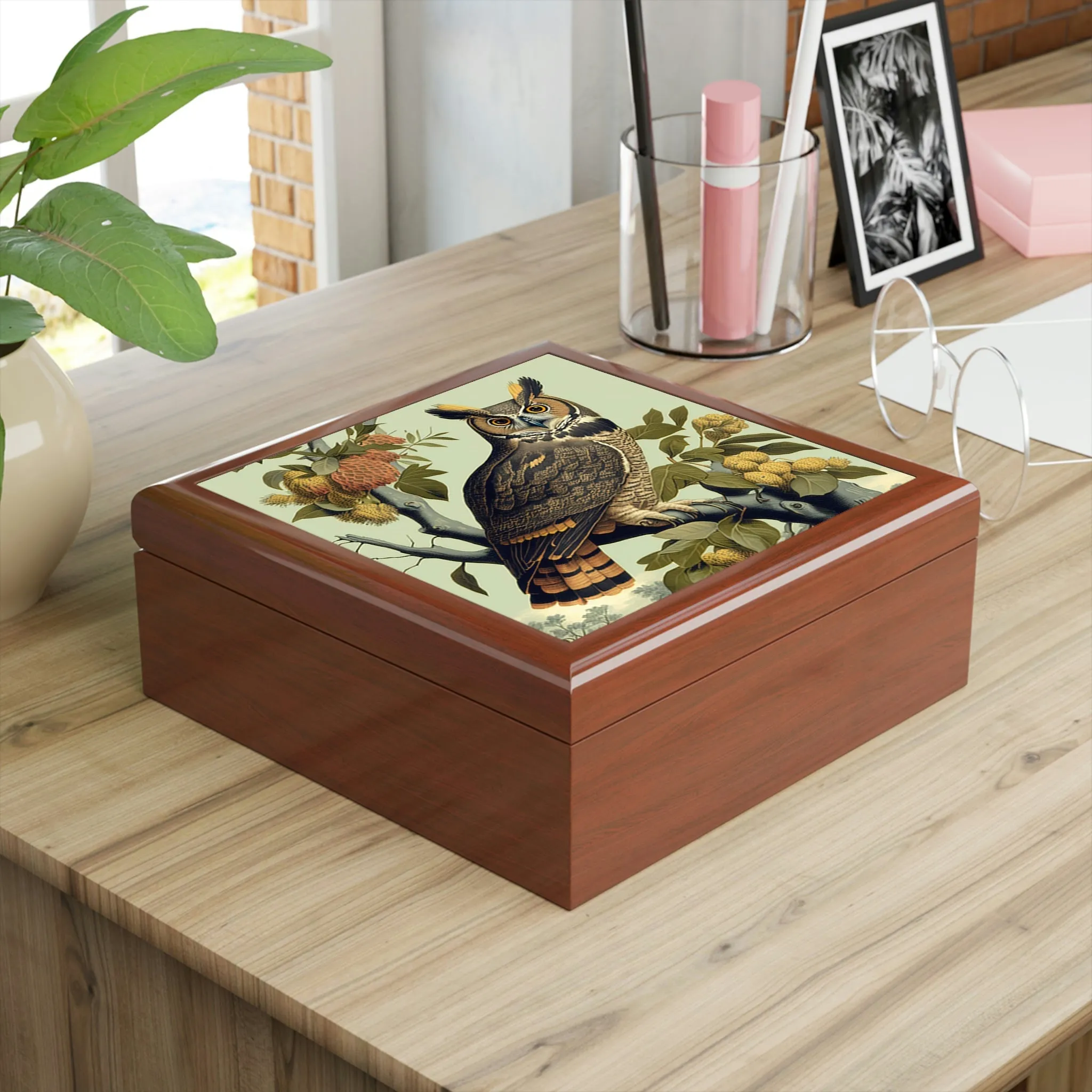 Vintage Great Horned Owl Wooden Keepsake Jewelry Box