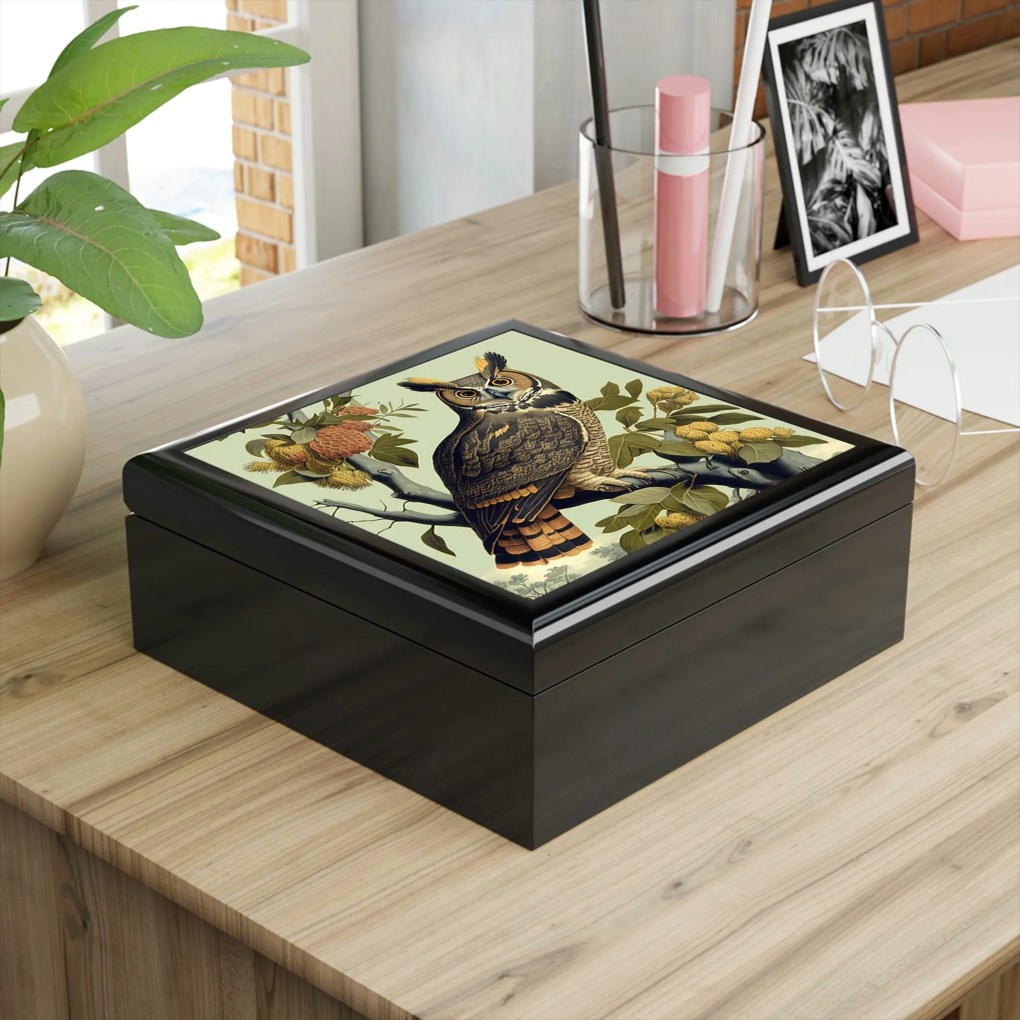 Vintage Great Horned Owl Wooden Keepsake Jewelry Box