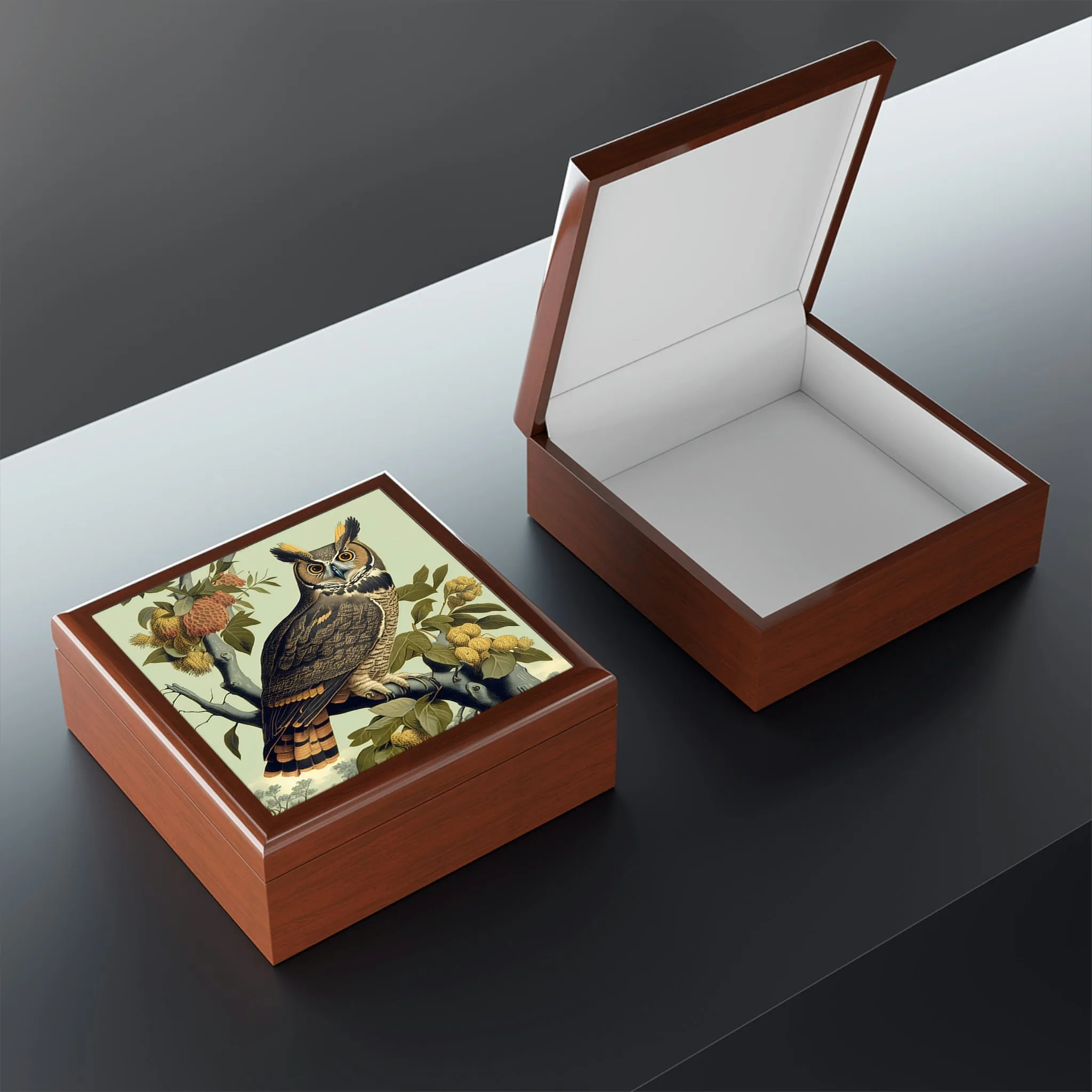 Vintage Great Horned Owl Wooden Keepsake Jewelry Box