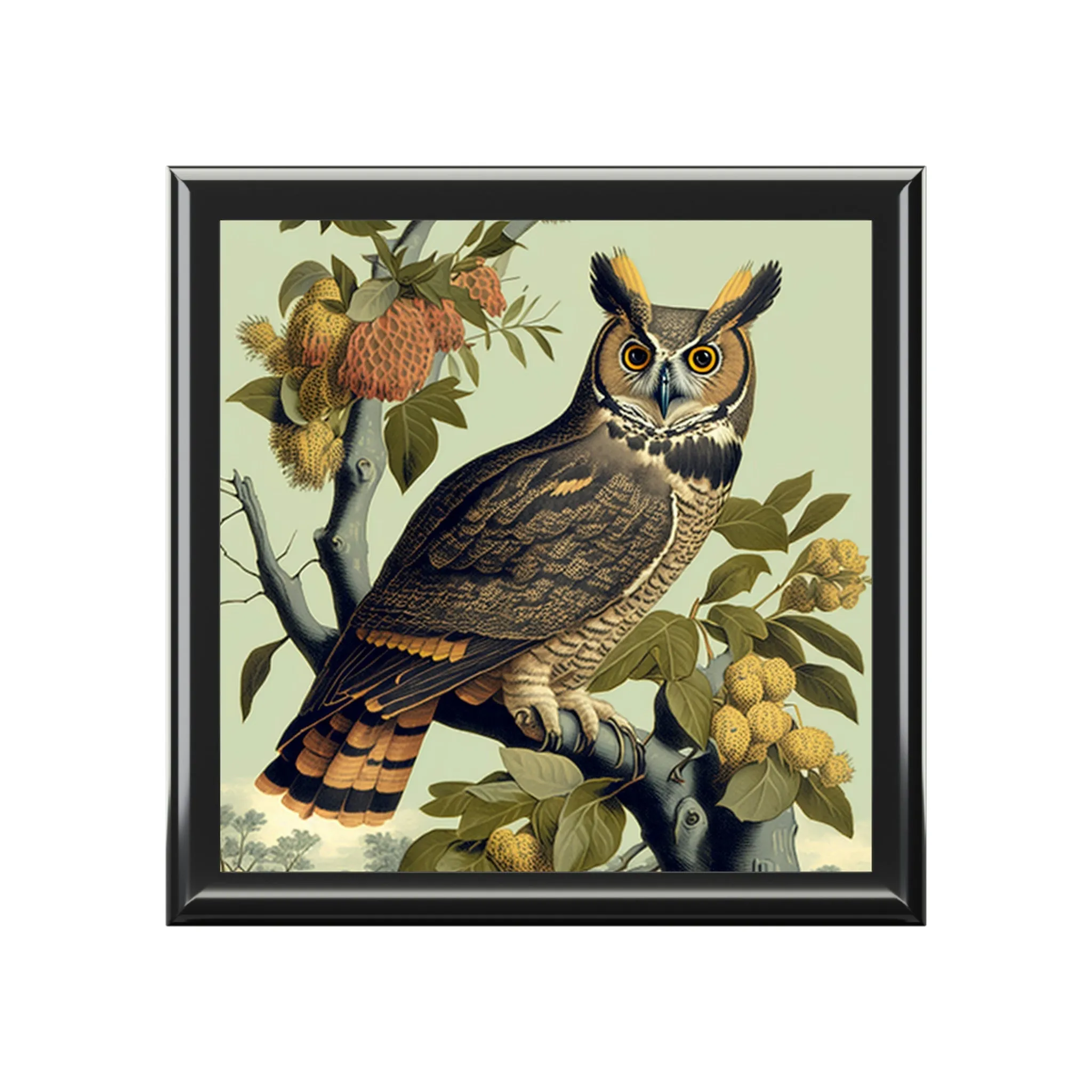 Vintage Great Horned Owl Wooden Keepsake Jewelry Box