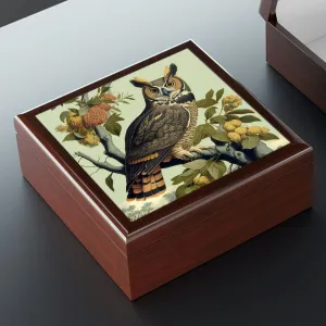 Vintage Great Horned Owl Wooden Keepsake Jewelry Box
