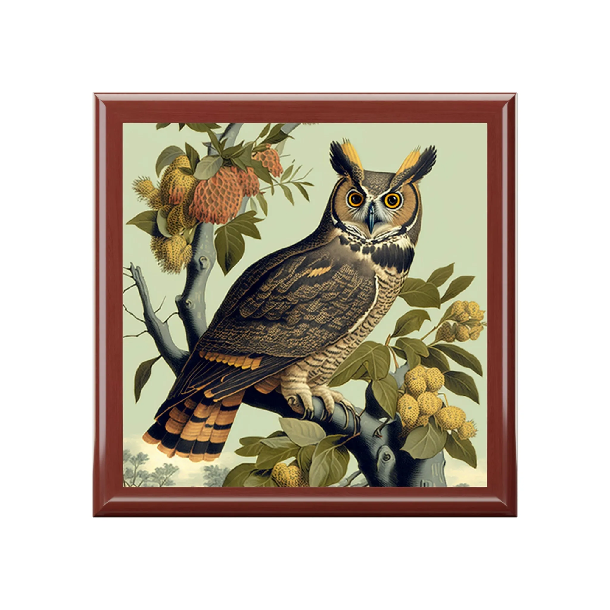Vintage Great Horned Owl Wooden Keepsake Jewelry Box