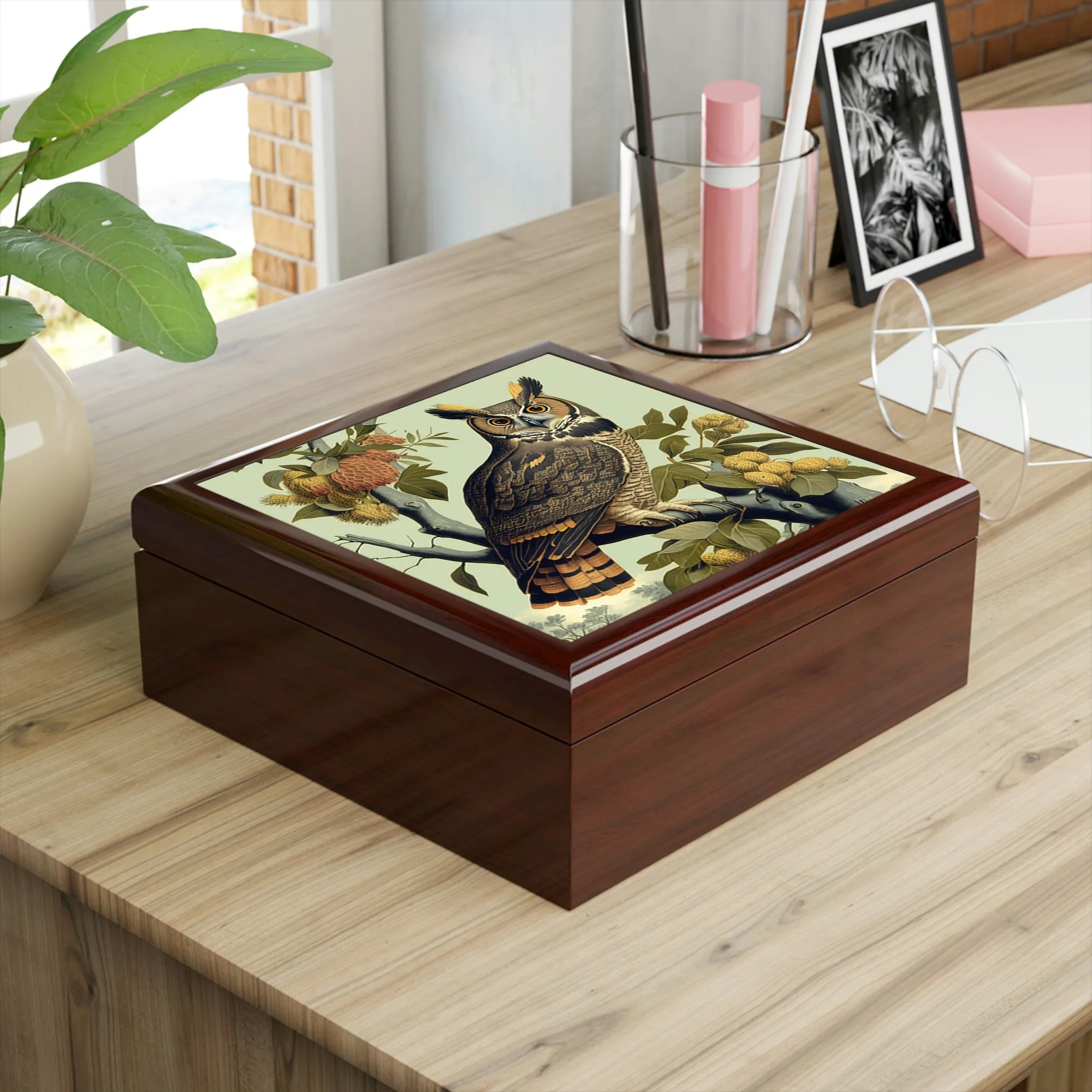 Vintage Great Horned Owl Wooden Keepsake Jewelry Box
