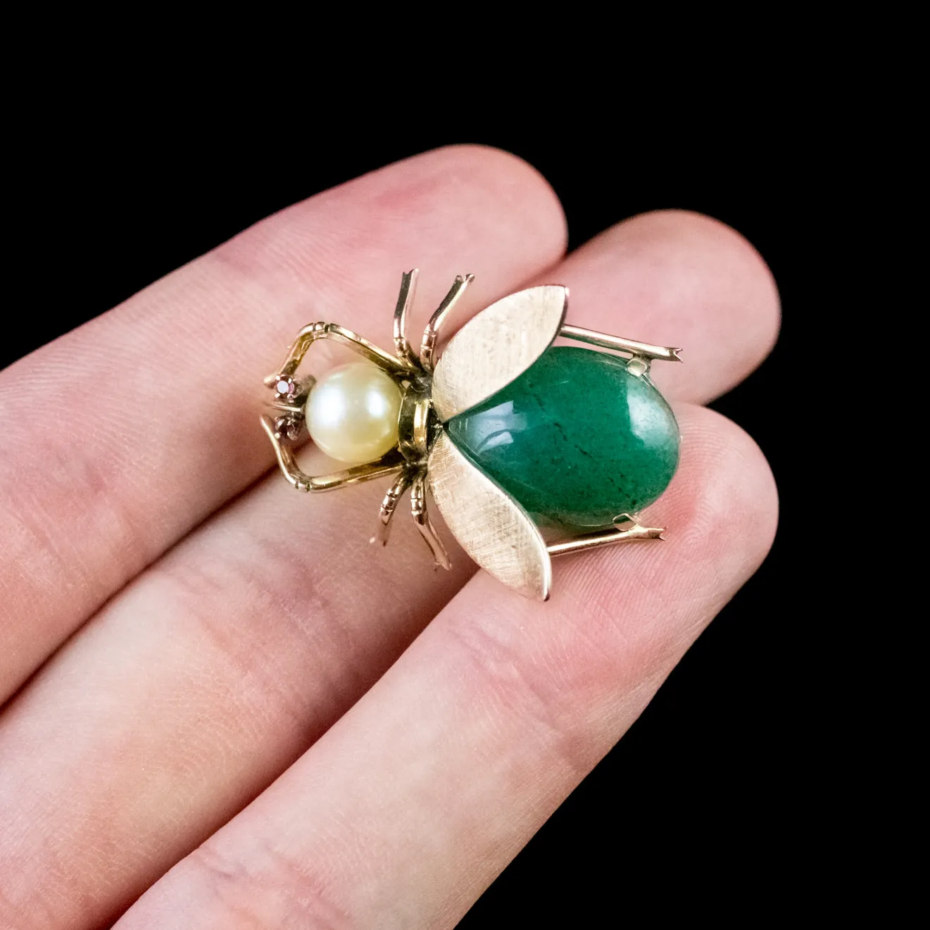 Vintage Jade Insect Brooch 18Ct Gold Pearl Ruby Circa 1970