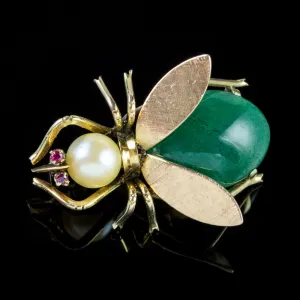 Vintage Jade Insect Brooch 18Ct Gold Pearl Ruby Circa 1970