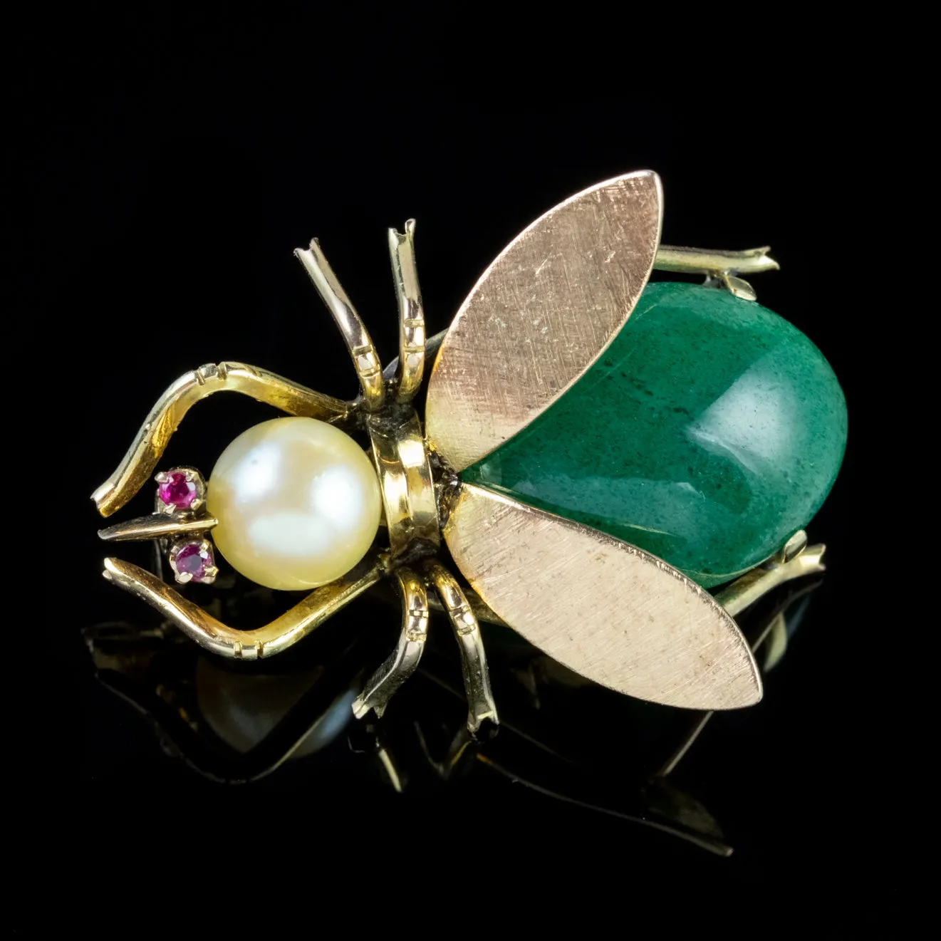 Vintage Jade Insect Brooch 18Ct Gold Pearl Ruby Circa 1970