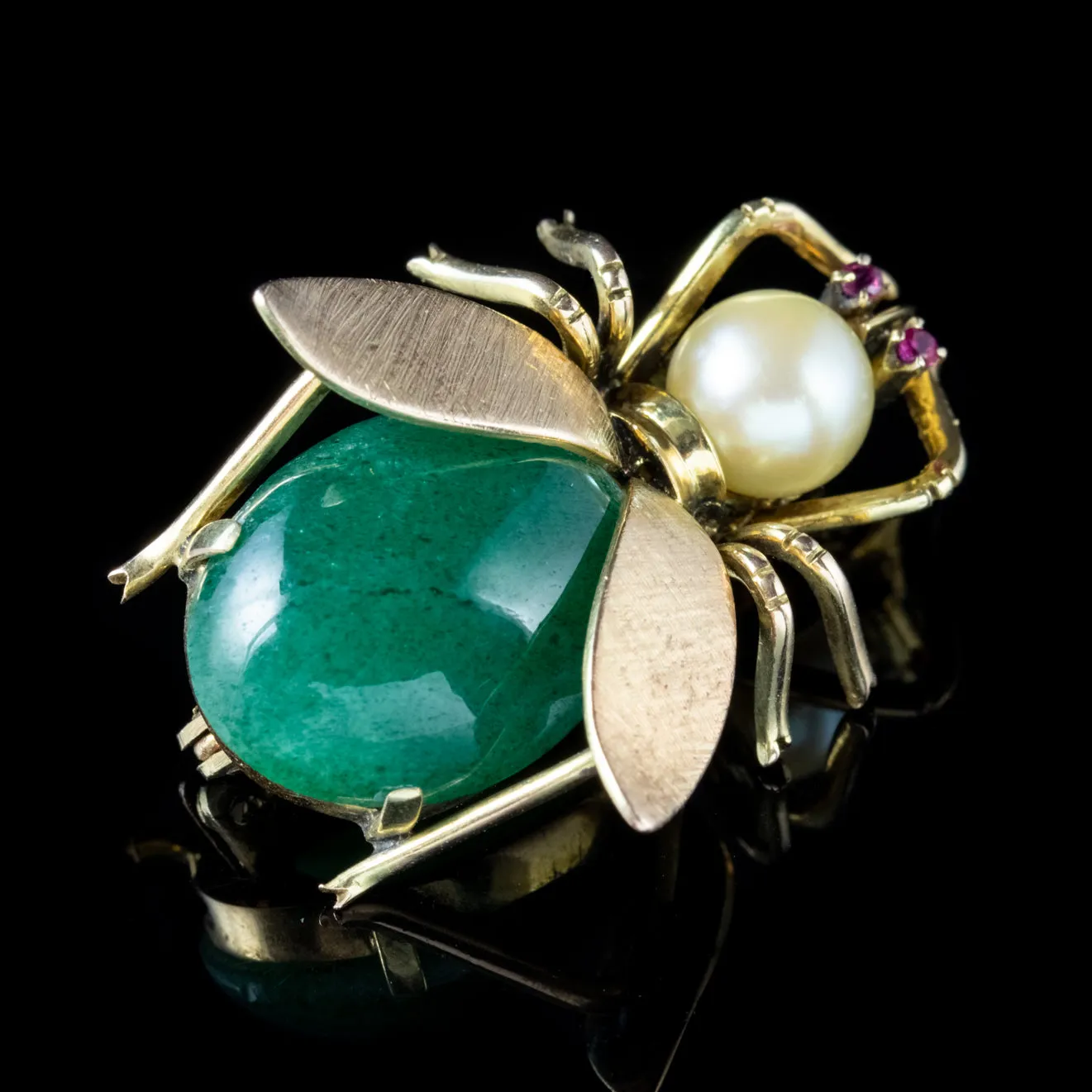Vintage Jade Insect Brooch 18Ct Gold Pearl Ruby Circa 1970