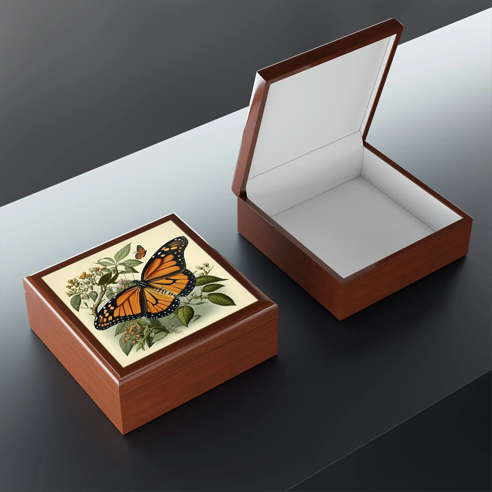 Vintage Monarch Butterfly Wooden Keepsake Jewelry Box