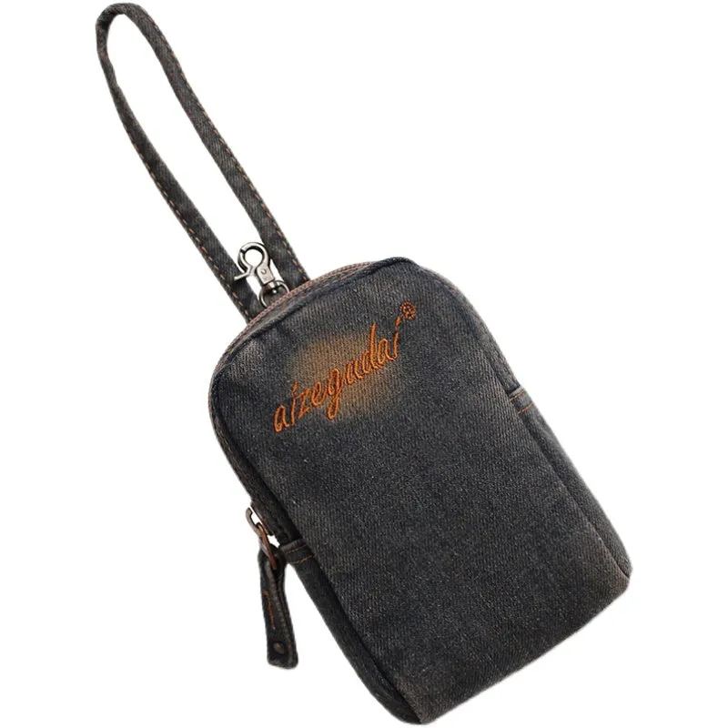 Vintage Womens Denim Mini Pouch with Wristlet Denim Small Phone Bag Purse for Women