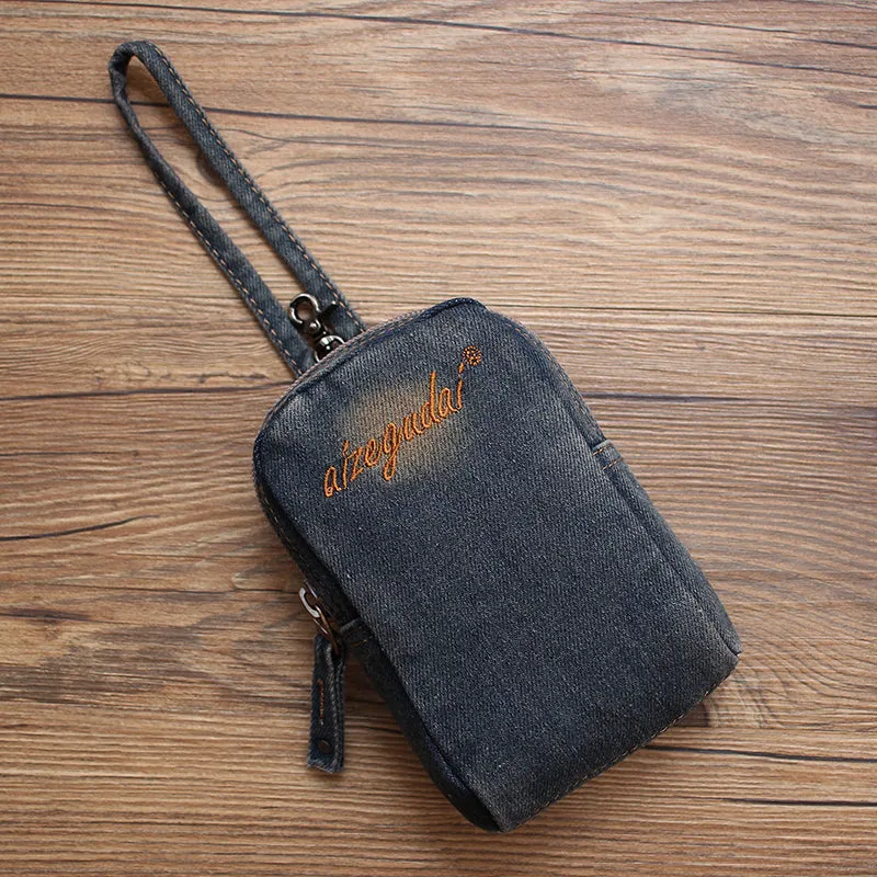 Vintage Womens Denim Mini Pouch with Wristlet Denim Small Phone Bag Purse for Women