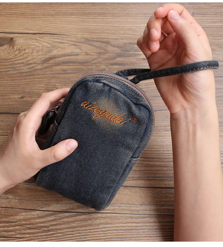 Vintage Womens Denim Mini Pouch with Wristlet Denim Small Phone Bag Purse for Women