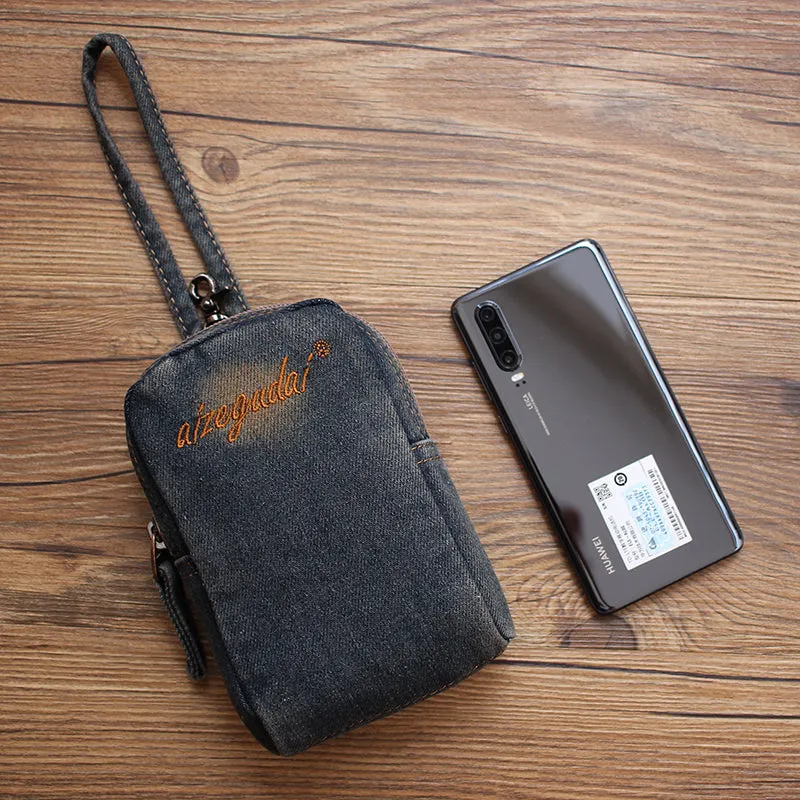 Vintage Womens Denim Mini Pouch with Wristlet Denim Small Phone Bag Purse for Women