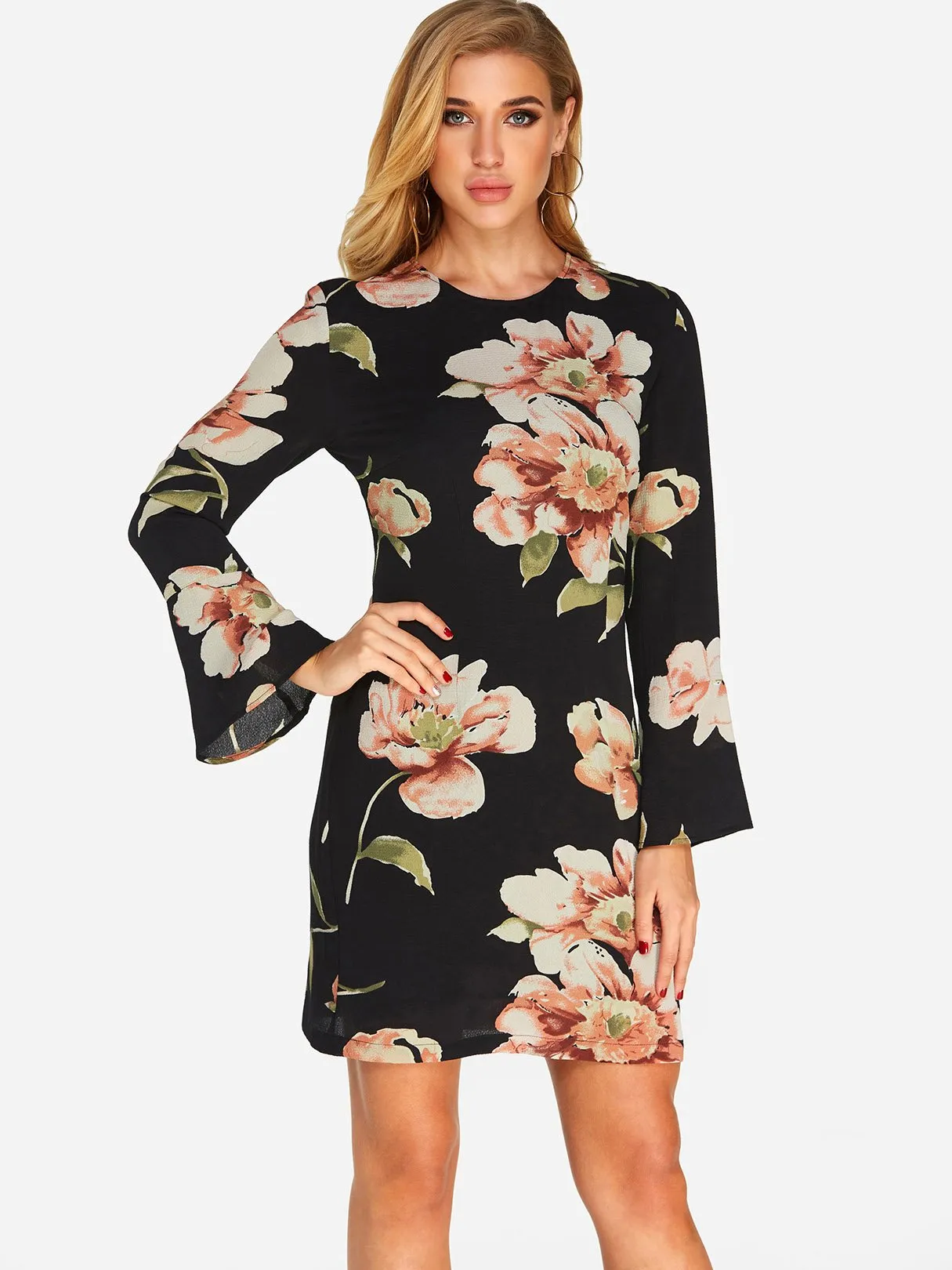 Wholesale Black Long Sleeve Round Neck Floral Print Fashion Mini Dress