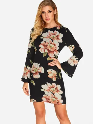 Wholesale Black Long Sleeve Round Neck Floral Print Fashion Mini Dress