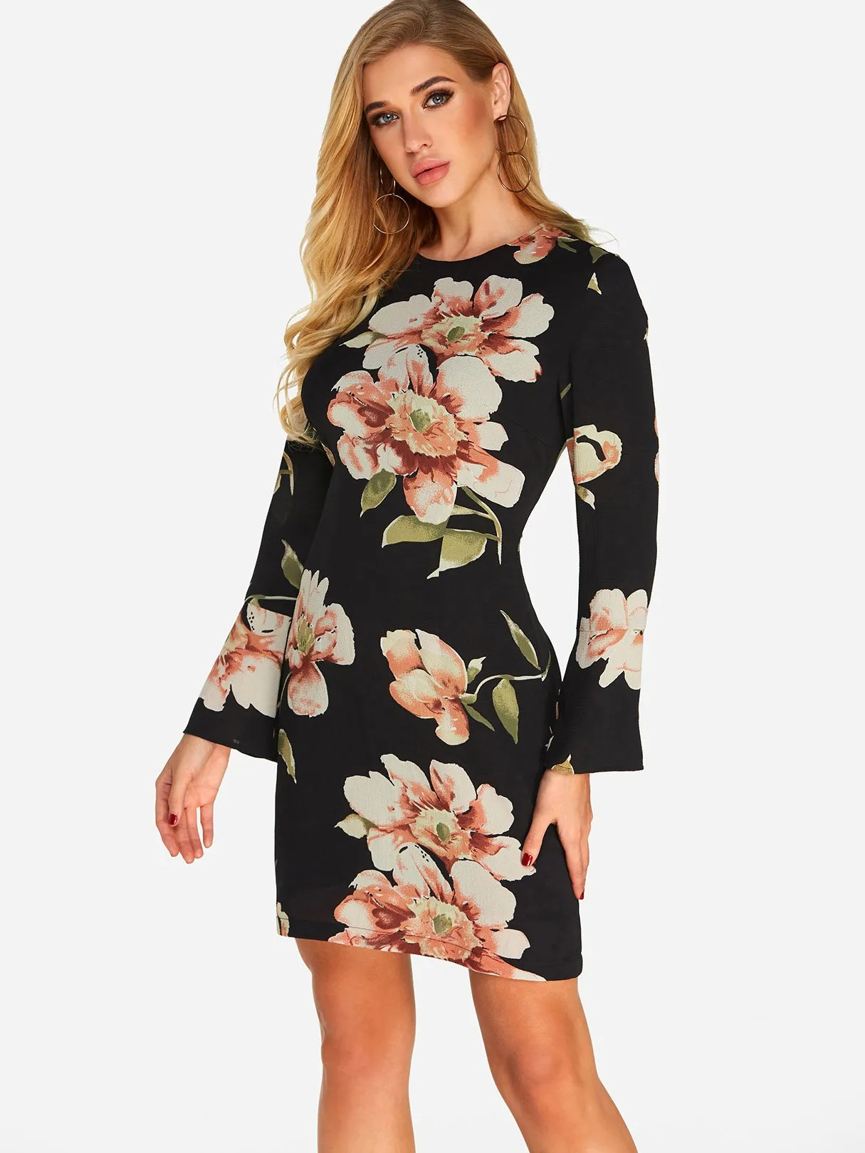 Wholesale Black Long Sleeve Round Neck Floral Print Fashion Mini Dress