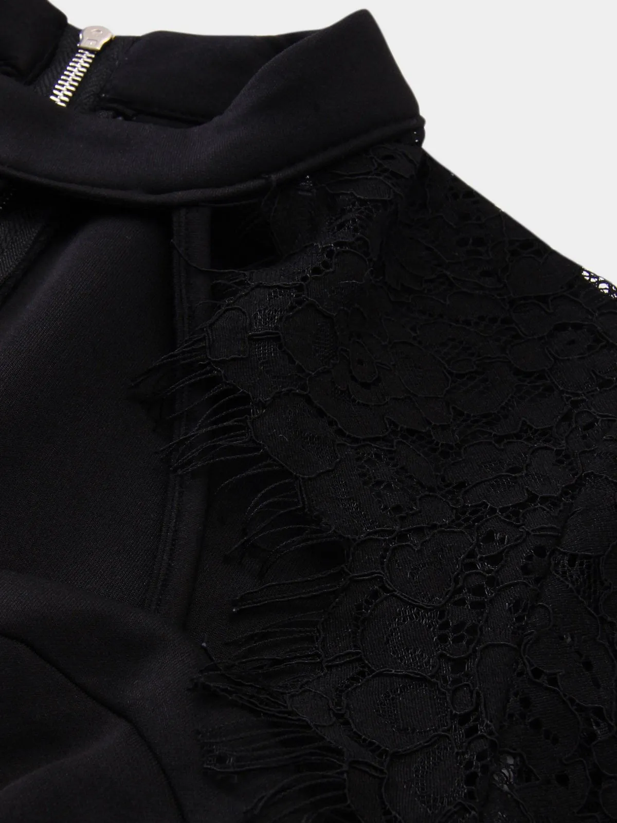 Wholesale Black Round Neck Long Sleeve Sheer Lace Zip Back Cut Out Mini Dress