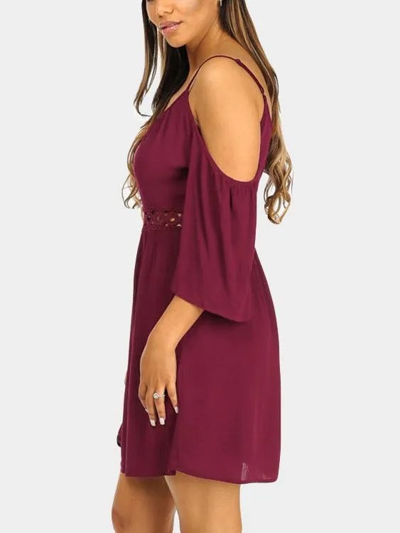 Wholesale Burgundy Cold Shoulder 3/4 Length Sleeve Plain Backless Hollow Spaghetti Strap Mini Dress