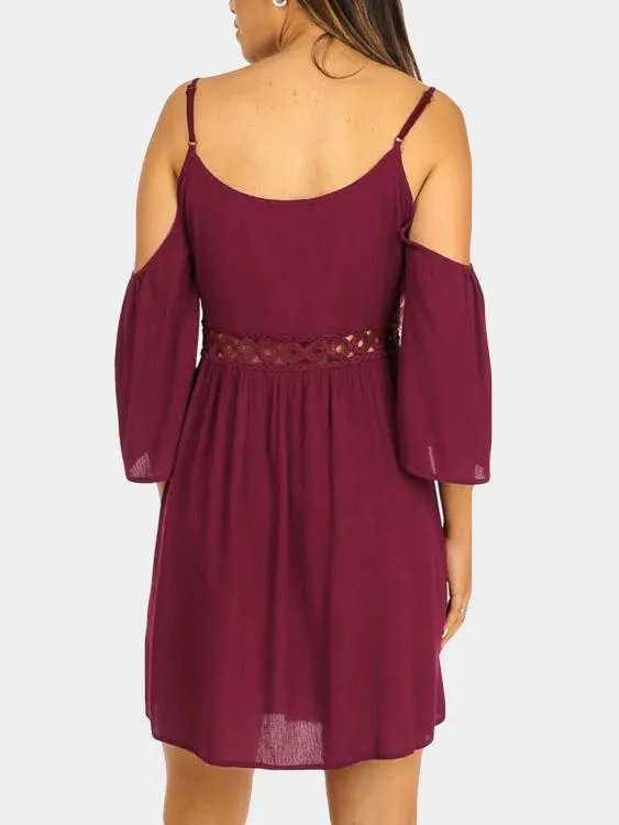Wholesale Burgundy Cold Shoulder 3/4 Length Sleeve Plain Backless Hollow Spaghetti Strap Mini Dress