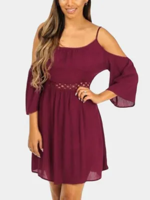 Wholesale Burgundy Cold Shoulder 3/4 Length Sleeve Plain Backless Hollow Spaghetti Strap Mini Dress