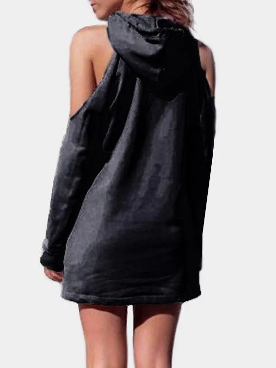 Wholesale Grey Cold Shoulder Long Sleeve Letter Hooded Mini Dresses