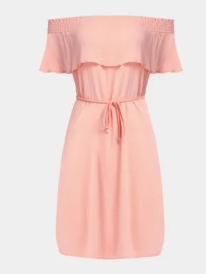 Wholesale Pink Bateau Off The Shoulder Sleeveless Belt Mini Dress