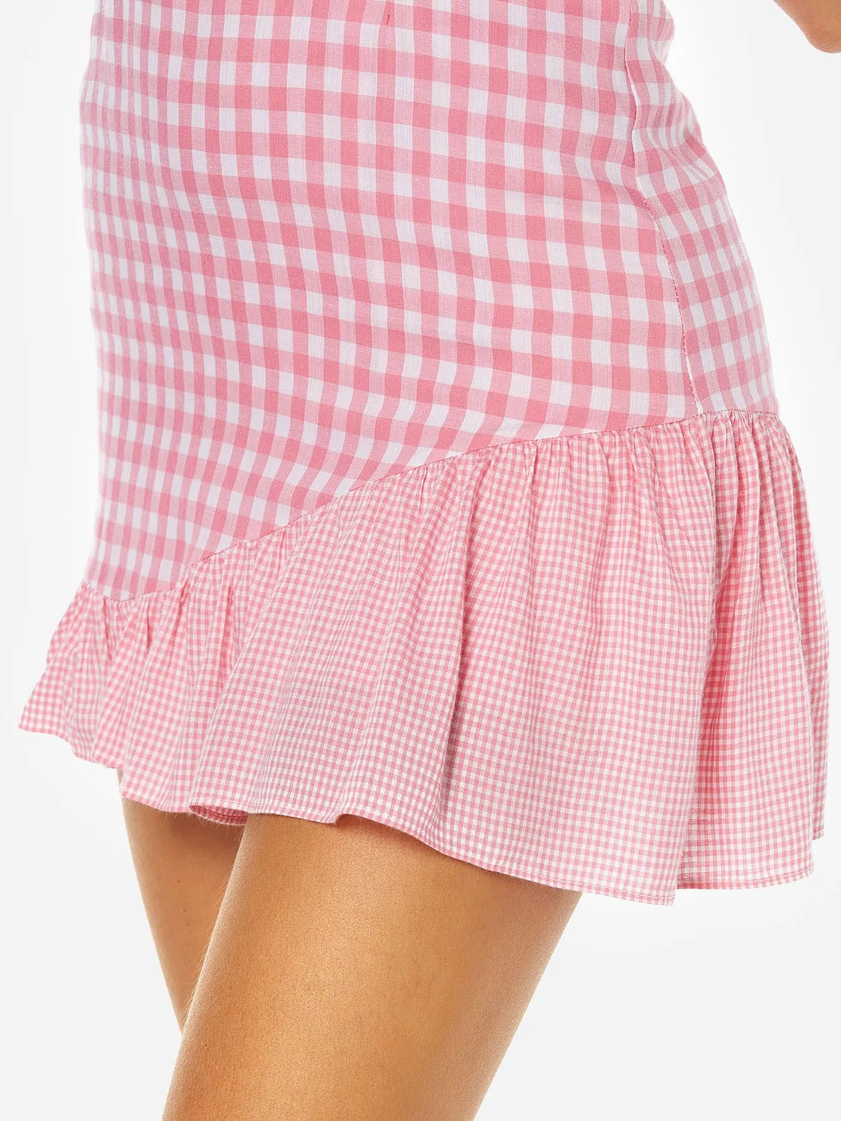 Wholesale Pink V-Neck Sleeveless Grid Zip Back Backless Flounced Hem Mini Dresses