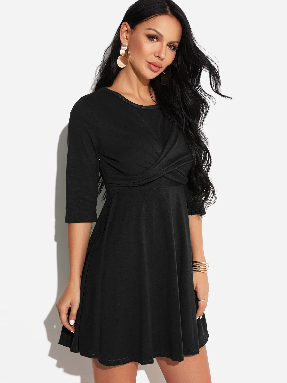 Wholesale Round Neck 3/4 Length Sleeve Plain Crossed Front Mini Dress