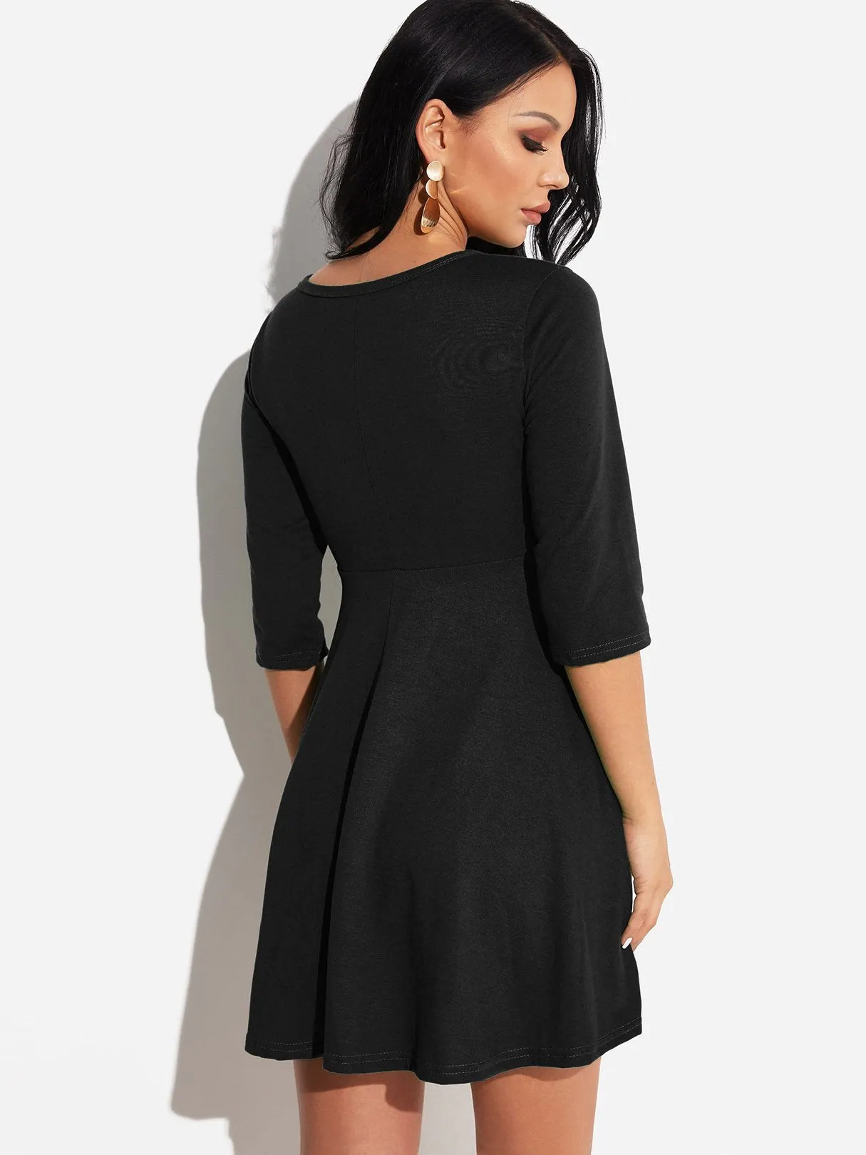 Wholesale Round Neck 3/4 Length Sleeve Plain Crossed Front Mini Dress