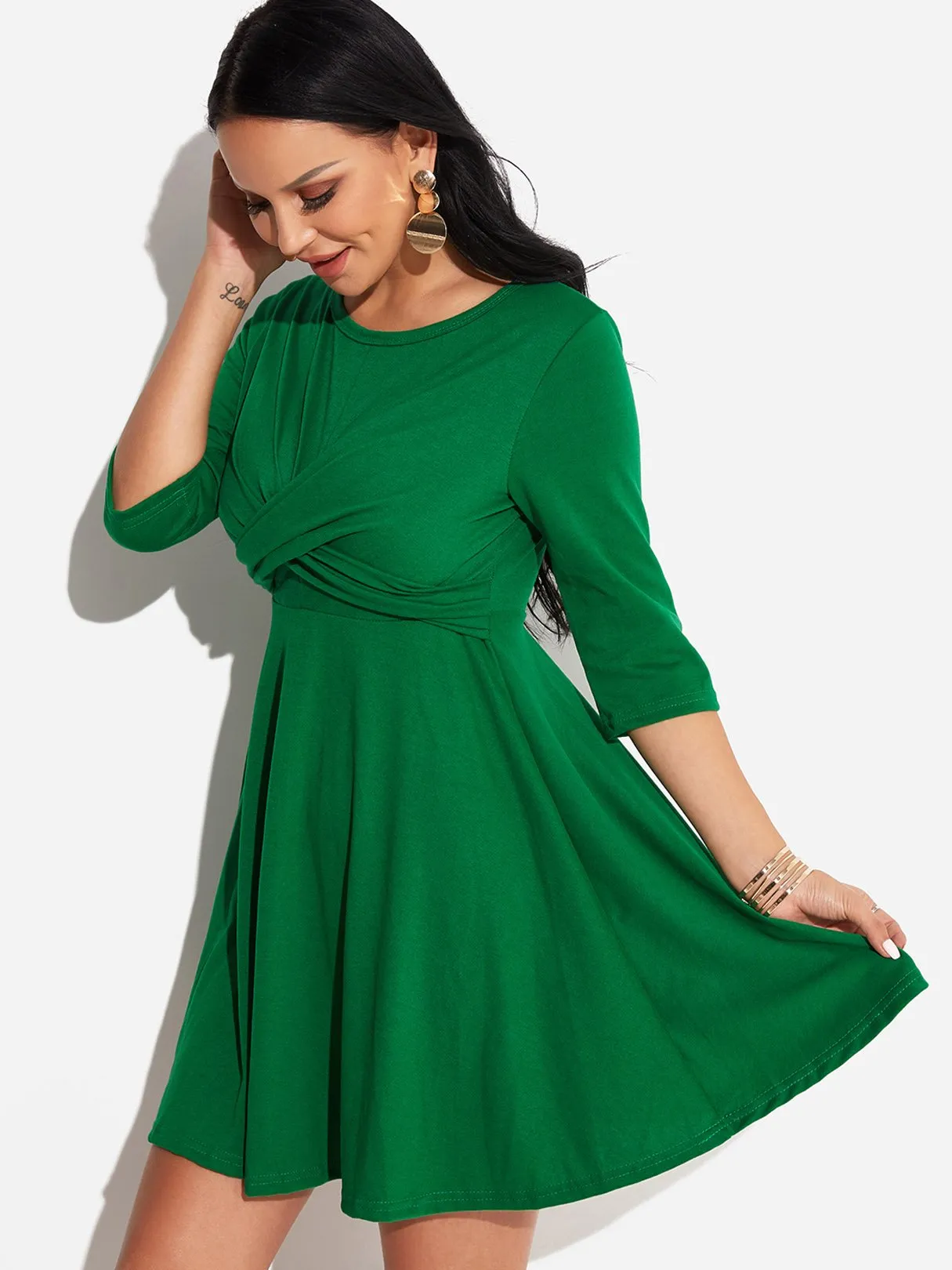 Wholesale Round Neck 3/4 Length Sleeve Plain Crossed Front Mini Dress