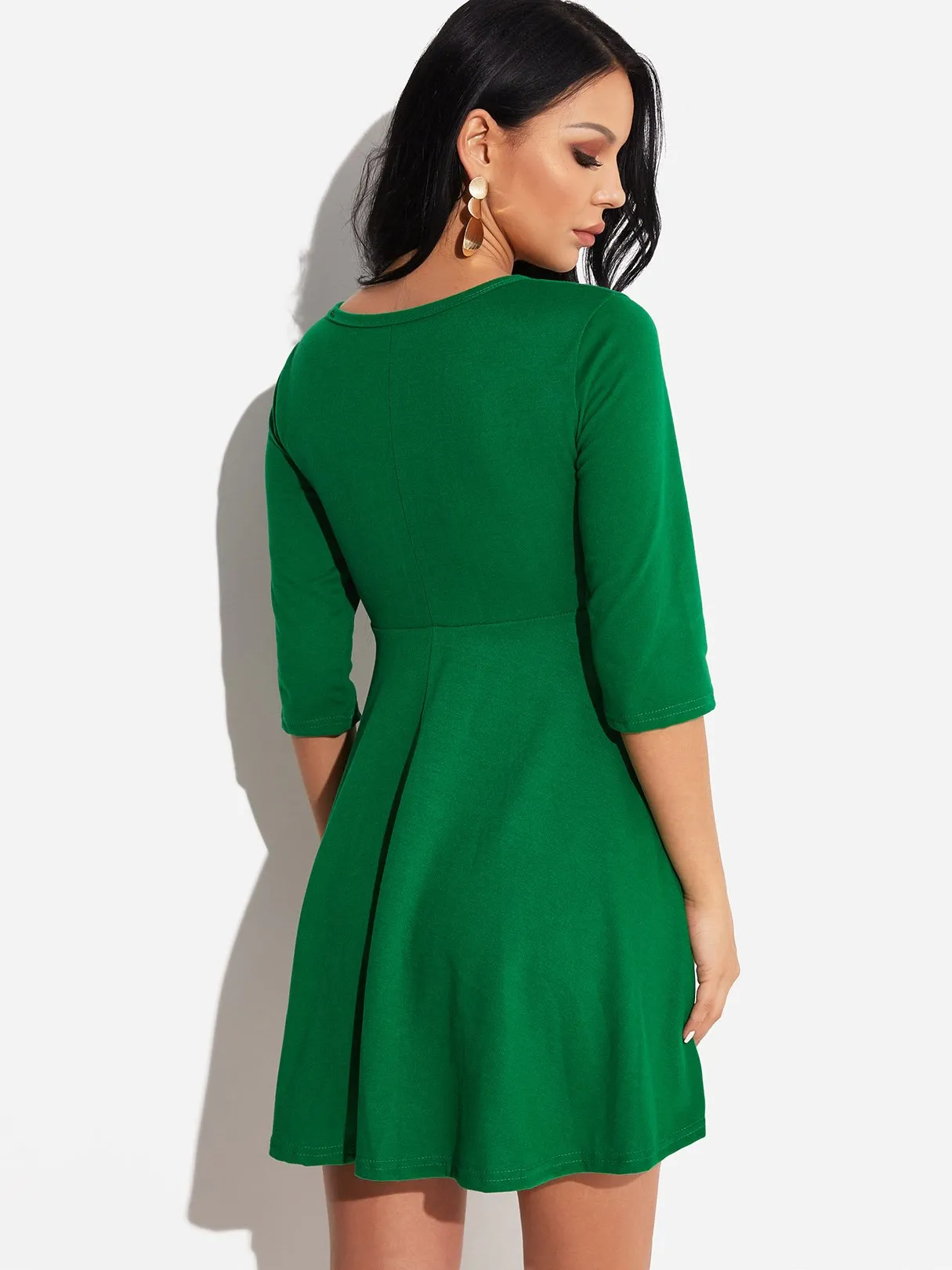 Wholesale Round Neck 3/4 Length Sleeve Plain Crossed Front Mini Dress