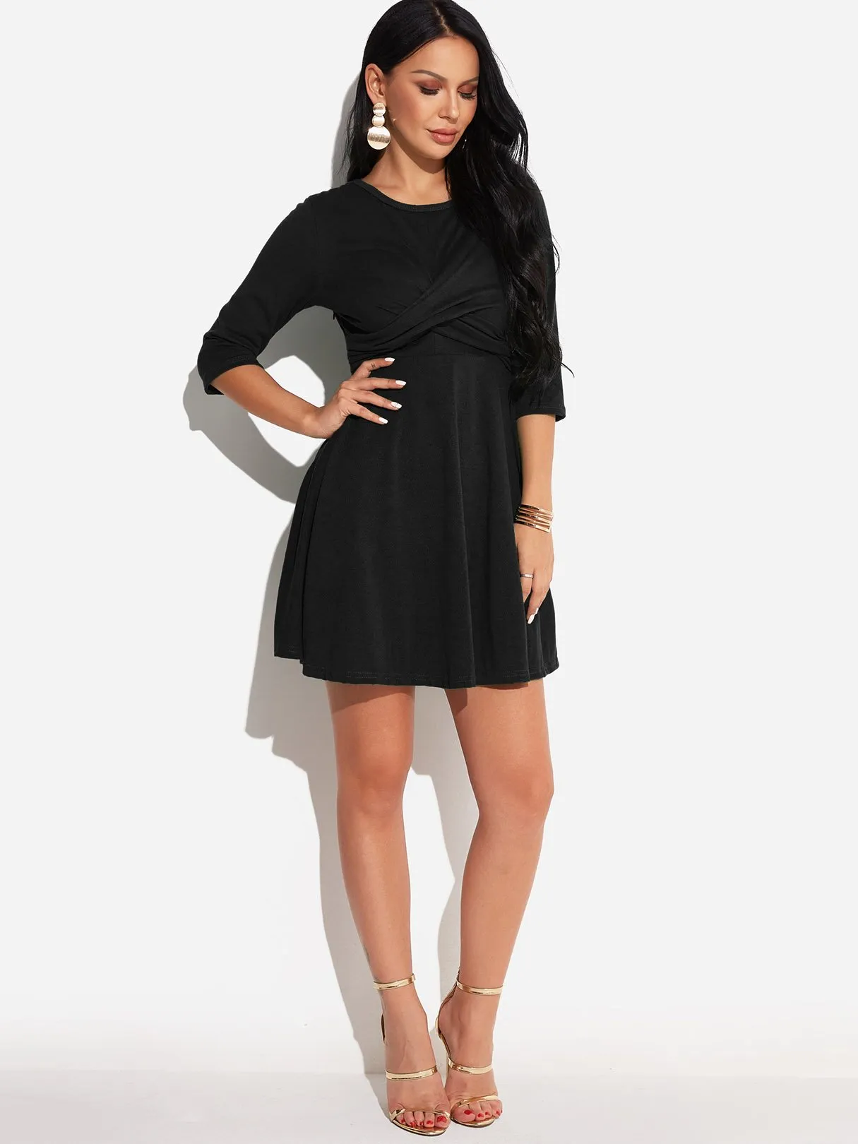 Wholesale Round Neck 3/4 Length Sleeve Plain Crossed Front Mini Dress