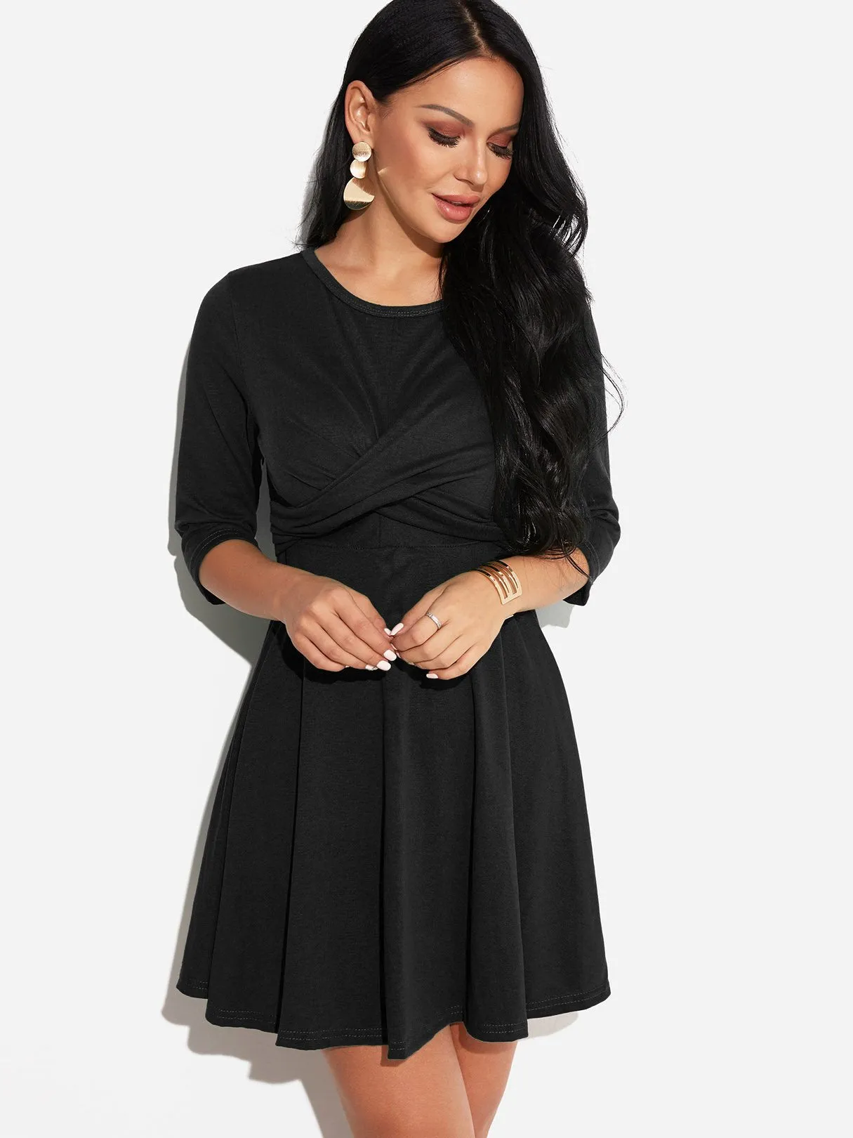 Wholesale Round Neck 3/4 Length Sleeve Plain Crossed Front Mini Dress