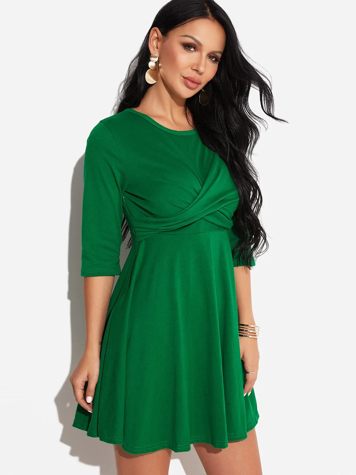 Wholesale Round Neck 3/4 Length Sleeve Plain Crossed Front Mini Dress