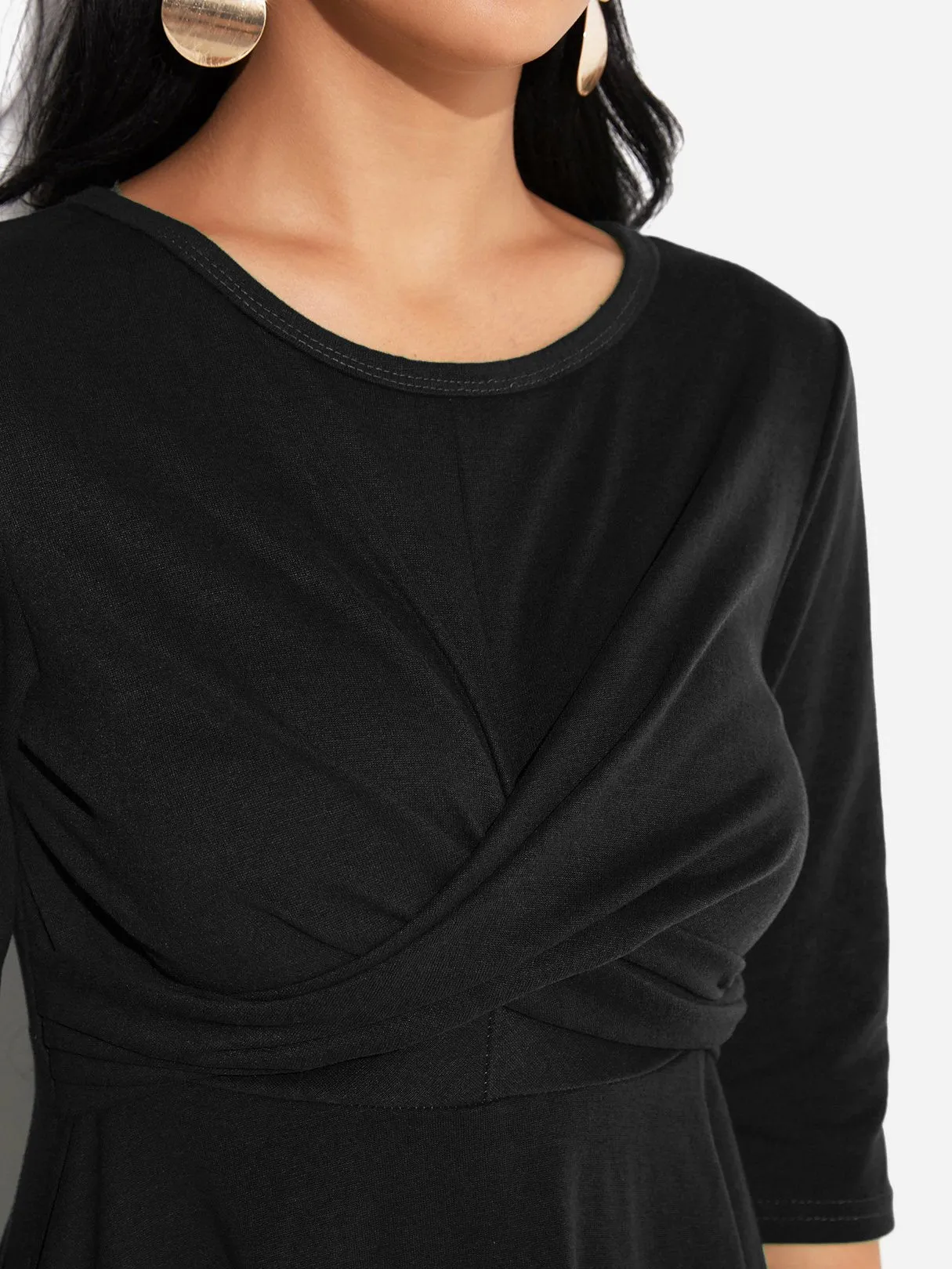 Wholesale Round Neck 3/4 Length Sleeve Plain Crossed Front Mini Dress