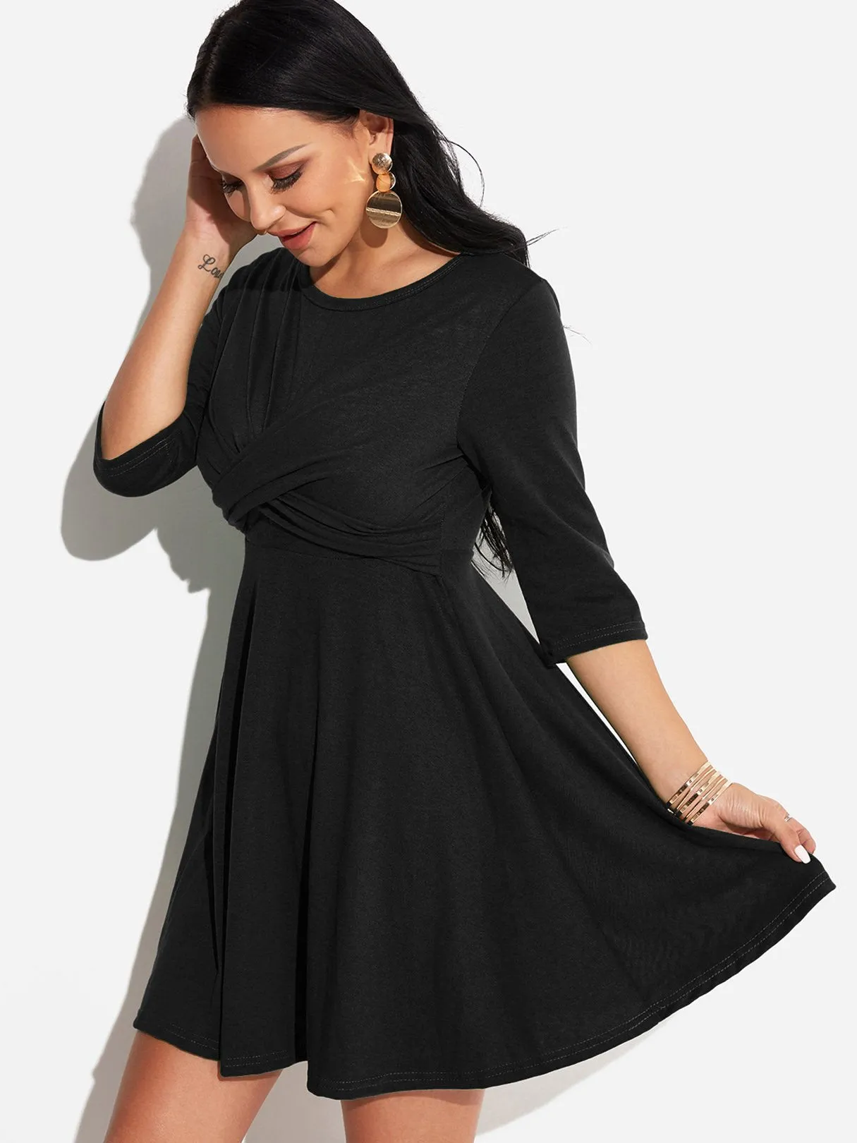 Wholesale Round Neck 3/4 Length Sleeve Plain Crossed Front Mini Dress