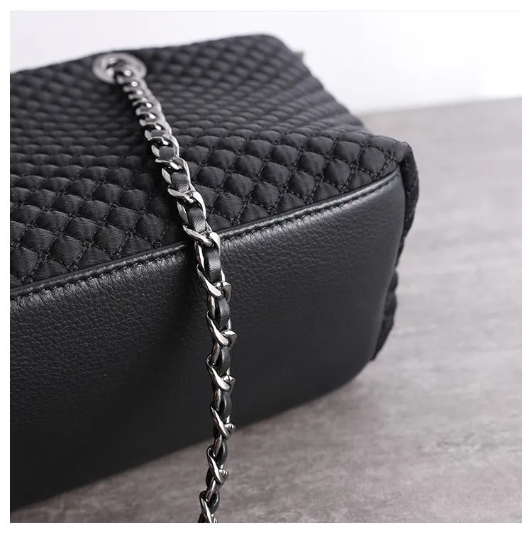Womens Nylon Diamond Shoulder Bag Womens Black Nylon Chain Shoulder Bag Nylon Chain Purse for Ladies
