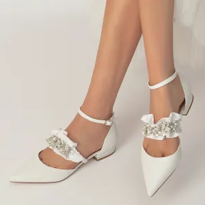 Women's Wedding Shoes Luxurious Pointed Toe Buckle Bridal Shoes with Rhinestone & Ruffles