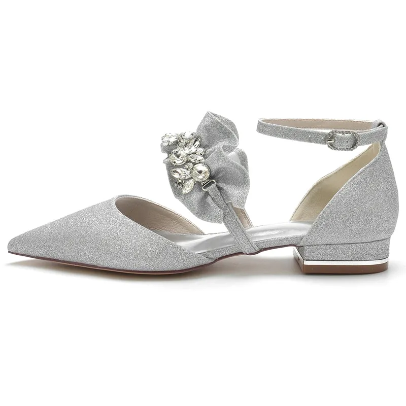 Women's Wedding Shoes Luxurious Pointed Toe Buckle Bridal Shoes with Rhinestone & Ruffles
