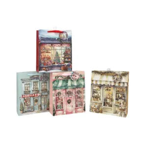 XMAS SHOP WINDOWS GIFT BAG SML 14.2X11.3X6.5CM 4 ASST