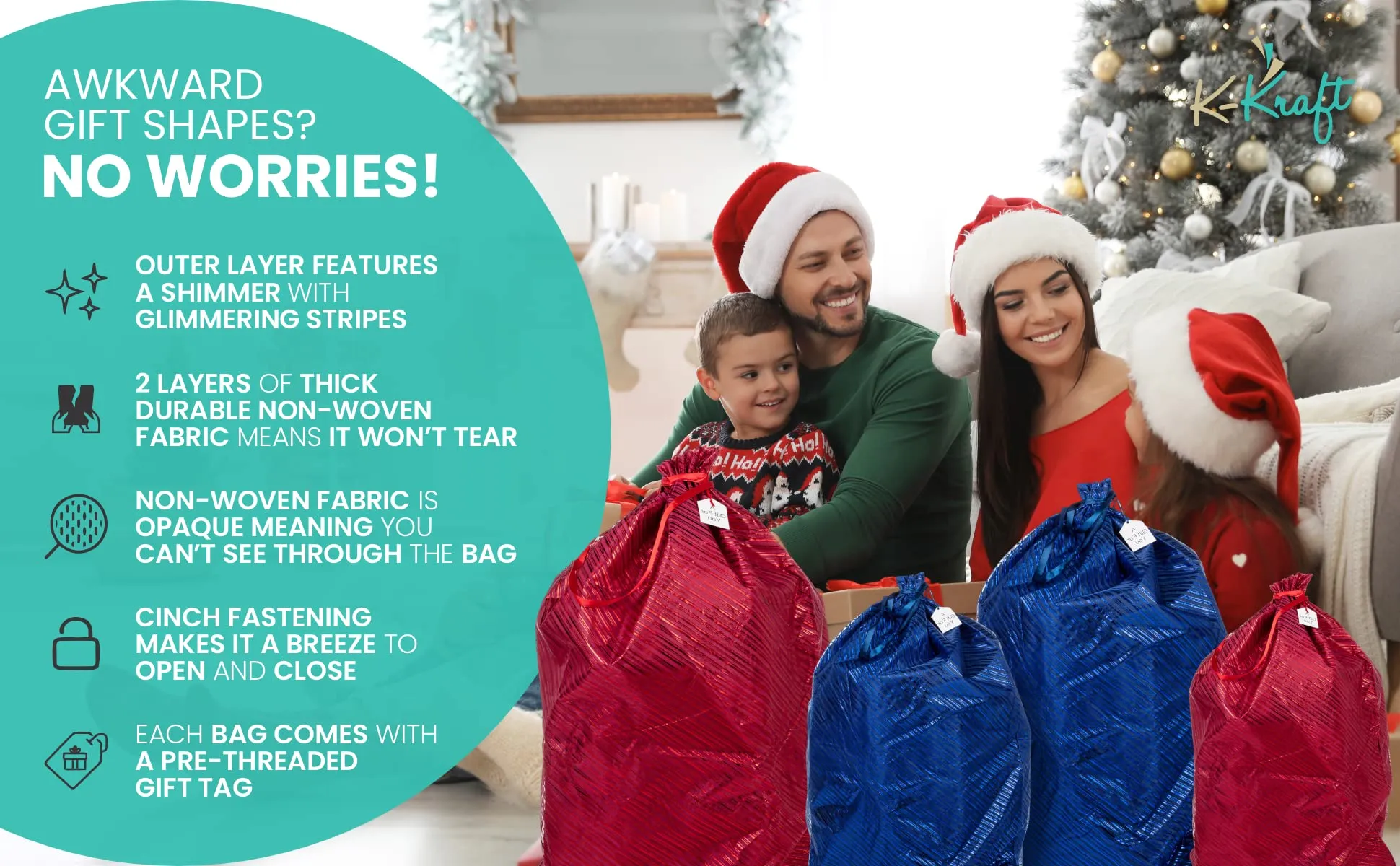 XXXL Jumbo Reusable Santa Bag or Giant Gift Bag for Oversized Presents, Festive Red 36 x 44 inches